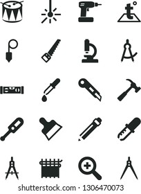 Solid Black Vector Icon Set - graphite pencil vector, zoom, electronic thermometer e, drum, cordless drill, arm saw, building level, plummet, putty knife, stationery, temperature, hammer with claw