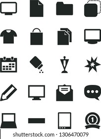 Solid Black Vector Icon Set - monitor vector, calendar, paper bag, clean sheet of, folder, minus, baby powder, received letter, T shirt, copy, pencil, speech, tablet pc, notebook, bang, pennant