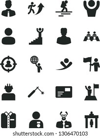 Solid Black Vector Icon Set - employee vector, pass card, folded shirt, builder, welding, woman, man, in sight, conversation, scientist, arrow up, winner stairway, hold world, with medal, flag
