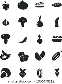 Solid Black Vector Icon Set - onion vector, slices of, mushroom, porcini, lettuce in a plate, tomato, beet, sweet date fruit, apple stub, ripe pepper, red, hot, garlic, potato, beans, broccoli