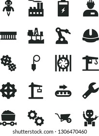 Solid Black Vector Icon Set - repair key vector, crane, workman, building trolley, construction helmet, plummet, commercial seaport, charging battery, industrial, gear, gears, production conveyor