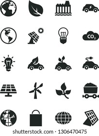Solid Black Vector Icon Set - sign of the planet vector, paper bag, solar panel, big, leaves, leaf, wind energy, Earth, bulb, hydroelectricity, eco car, environmentally friendly transport, electric