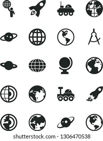 Solid Black Vector Icon Set - sign of the planet vector, globe, earth, scribed compasses, space rocket, core, saturn, lunar rover, man hold world