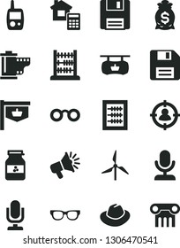 Solid Black Vector Icon Set - desktop microphone vector, floppy disk, hat, camera roll, new abacus, toy mobile phone, estimate, jar of jam, windmill, vintage sign, antique advertising signboard
