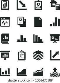 Solid Black Vector Icon Set - clean sheet of paper vector, growth chart, negative, positive histogram, estimate, cardiogram, pile, survey, bar, statistical report, overview, book on statistics