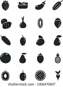 Solid Black Vector Icon Set - lettuce in a plate vector, cucumber, pineapple, pear, raspberry, tasty, mulberry, delicious plum, passion fruit, sweet date, yellow lemon, half of, tamarillo, onion