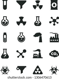 Solid Black Vector Icon Set - round flask vector, manufacture, factory, oil, industrial building, radiation, carbon dyoxide, filter, water, test tube, molecule, nuclear, biohazard