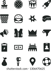 Solid Black Vector Icon Set - wicker pot vector, drum, cheese, big burger, pear, half of passion fruit, charging battery, industrial factory, caliper, location, water filter, loudspeaker, rocket