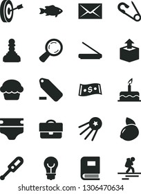 Solid Black Vector Icon Set - envelope vector, remove label, diaper, open pin, electronic thermometer e, cake, bulb, unpacking, fish, yellow lemon, magnifier, portfolio, dollar, scanner, book, pawn