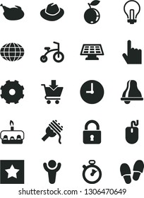 Solid Black Vector Icon Set - truck lorry vector, bell, incandescent lamp, hat, child bicycle, wall clock, lock, index finger, put in cart, spaghetti, torte, chicken, blueberry, globe, mouse, winner