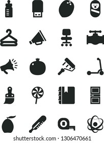 Solid Black Vector Icon Set - horn vector, feeding bottle, mercury thermometer, roly poly doll, child Kick scooter, measuring tape, paint roller, plastic brush, interroom door, notebook, hanger