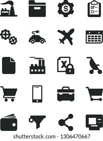 Solid Black Vector Icon Set - summer stroller vector, gears, suitcase, smartphone, folder, cart, survey, factory, industrial building, electric car, water filter, connection, wallet, wall calendar