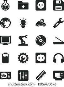Solid Black Vector Icon Set - floppy disk vector, monitor window, upload folder, power socket type b, gear, CD, regulator, charge level, round flask, autopilot, assembly robot, steel repair key, atm