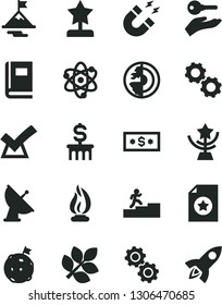 Solid Black Vector Icon Set - atom vector, gears, book, magnet, flame, earth core, satellite antenna, biology, star cup, reward, carrer stairway, motivation, flag on moon, certificate, arm with key