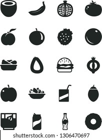 Solid Black Vector Icon Set - vector e, stick of sausage, burger, lettuce in a plate, fruit, tomato, glass tea, soda can, bottle, strawberries, orange, ripe peach, apple, half pomegranate, medlar