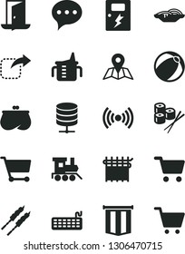 Solid Black Vector Icon Set - measuring cup for feeding vector, baby bath ball, toy train, dangers, speech, map, big data server, move right, slices of onion, barbecue, sushi set, cloth industry