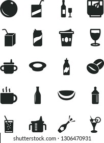 Solid Black Vector Icon Set - mug for feeding vector, measuring cup, bottle, e, packing of juice with a straw, plate milk, coffee beans, tea, coffe to go, glass soda, can, orange, liquor, wine