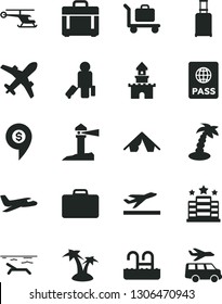 Solid Black Vector Icon Set - case vector, passport, coastal lighthouse, sand castle, helicopter, dollar pin, plane, passenger, suitcase, rolling, departure, tent, beach, palm tree, pool, baggage