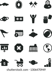 Solid Black Vector Icon Set - mark of injury vector, wind direction indicator, baby carriage, bath ball, yule, planet, small fish, delicious plum, Earth, hydroelectricity, schedule, presentation