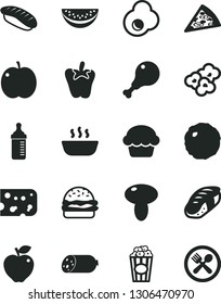Solid Black Vector Icon Set - measuring bottle for feeding vector, sausage, piece of cheese, pizza, burger, mushroom, cake, hot porridge, chicken leg, cabbage, peper, sushi, japanese, popcorn, cup