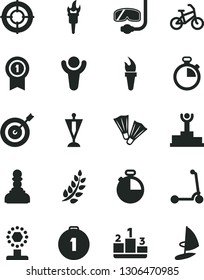 Solid Black Vector Icon Set - stopwatch vector, child Kick scooter, timer, pedestal, flame torch, winner, laurel branch, podium, cup, pawn, pennant, target, first place medal, with, aim, bike