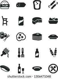 Solid Black Vector Icon Set - a chair for feeding child vector, iron fork spoons, sausage, cheese, fried vegetables on sticks, burger, spaghetti, pie, lettuce in plate, meat skewers, sushi set, wine
