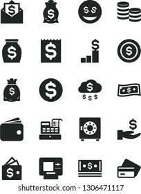 Solid Black Vector Icon Set - strongbox vector, coins, dollar, financial item, get a wage, wallet, money, dollars, cash, machine, rain, coin, pedestal, bag, eyes, mail, atm, credit card