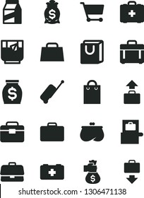 Solid Black Vector Icon Set - bag of a paramedic vector, medical, portfolio, case, with handles, package, glass tea, cart, briefcase, purse, money, hand, suitcase, baggage scanner, rolling, getting