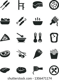 Solid Black Vector Icon Set - plates and spoons vector, a chair for feeding, plastic fork, cheese, pizza, piece of, spaghetti, noodles, hot porridge, lettuce in plate, grill chicken leg, bacon, chop