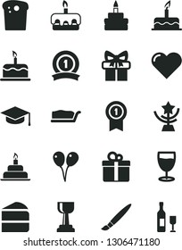 Solid Black Vector Icon Set - tassel vector, colored air balloons, cake, birthday, heart, gift, square academic hat, Easter, piece of, slice, torte, glass, gold cup, star, medal with pennant, ribbon