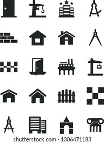 Solid Black Vector Icon Set - house vector, box of bricks, dwelling, brick wall, ntrance door, buildings, tile, ceramic tiles, hedge, home, industrial enterprise, tower crane, Construction, exit