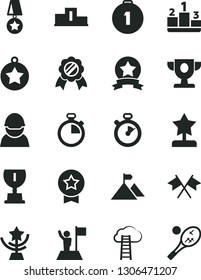 Solid Black Vector Icon Set - stopwatch vector, pedestal, racer, prize, award, star cup, reward, medal, man with flag, mountain, first place, ribbon, cross flags, cloud ladder, tennis