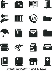 Solid Black Vector Icon Set - folder vector, book, e, books, window frame, door knob, received letter, umbrella, drawer, cardboard box, 24, package, kiosk, arm with key, exit, grand opening