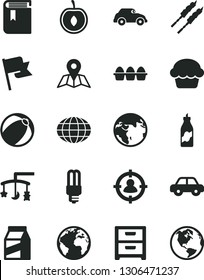 Solid Black Vector Icon Set - sign of the planet vector, book, toys over cradle, baby bath ball, motor vehicle, map, flag, nightstand, package, bundle eggs, cake, barbecue, liquor, half cherry