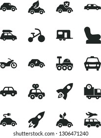 Solid Black Vector Icon Set - Baby chair vector, motor vehicle, present, tricycle, car, delivery, eco, environmentally friendly transport, electric, retro, autopilot, rocket, lunar rover, limousine