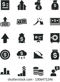 Solid Black Vector Icon Set - upward direction vector, strongbox, coins, chart, recession, a crisis, article on the dollar, money, dollars, cash, financial report, growth arrows, bag hand, rain