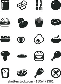 Solid Black Vector Icon Set - iron fork spoons vector, loaf, big burger, mushroom, a bowl of rice porridge, lettuce in plate, chicken leg, thigh, bacon, cabbage, piece meat, French fries, popcorn