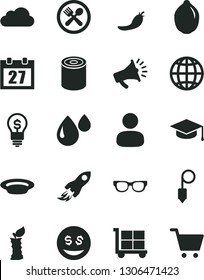 Solid Black Vector Icon Set - daily calendar vector, cargo trolley, plummet, earth, square academic hat, tin, plate, lime, apple stub, red pepper, drop, man, space rocket, horn, cloud, glasses, idea