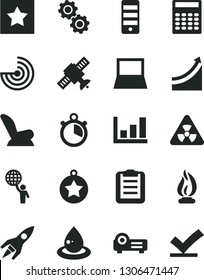 Solid Black Vector Icon Set - car child seat vector, drop of oil, notebook pc, tower, projector, nuclear, gears, satellite, flame, clipboard, calculator, growth graph, radar, rocket, stopwatch