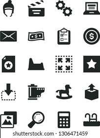 Solid Black Vector Icon Set - laptop vector, camera roll, movie cracker, potty chair, small rocking horse, winter hat, picture, survey, size, unpacking, move down, magnifier, calculator, mail, gears