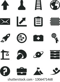 Solid Black Vector Icon Set - sign of the planet vector, envelope, upward direction, growth chart, question, storage unit, bag a paramedic, stepladder, porcini, weaving, Construction crane, network