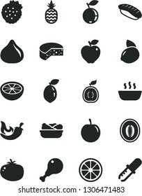 Solid Black Vector Icon Set - cheese vector, hot porridge, lettuce in a plate, chicken leg, tomato, chili, japanese sushi, strawberries, pineapple, red apple, fig, blueberry, half melon, tasty plum