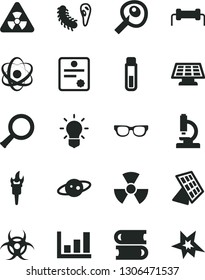 Solid Black Vector Icon Set - books vector, test tube, microscope, atom, glasses, nuclear, zoom, bulb, bactery, biohazard, artifical insimination, growth graph, sun panel, saturn, patente, resistor