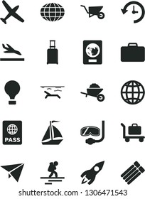 Solid Black Vector Icon Set - garden trolley vector, building, earth, passport, rocket, globe, history, paper plane, sail boat, air balloon, backpacker, suitcase, rolling, arrival, beach, baggage