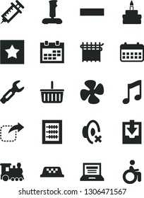 Solid Black Vector Icon Set - laptop vector, calendar, grocery basket, minus, silent mode, download archive data, new abacus, music, move right, birthday cake, fan screw, cloth industry, joystick