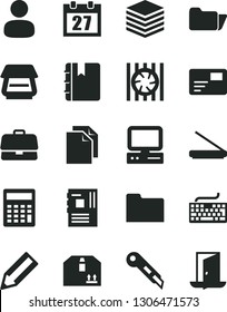 Solid Black Vector Icon Set - daily calendar vector, keyboard, clean paper, calculator, stationery knife, notebook, pile, pass card, cardboard box, briefcase, man, pencil, computer, radiator fan