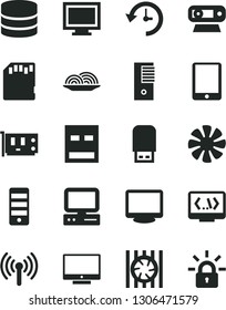 Solid Black Vector Icon Set - monitor window vector, screen, onion, computer, tablet pc, fan, radiator, tower, card, web camera, usb, flash, coding, wireless, sd, big data, history, encrypting