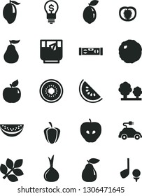 Solid Black Vector Icon Set - building level vector, cabbage, a glass of tea, pear, apricot, tasty apple, slice water melon, mango, half kiwi, sour lime, ripe guava, tomato, pepper, onion, trees