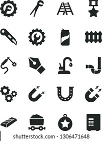 Solid Black Vector Icon Set - adjustable wrench vector, ladder, siphon, gear, star, stationery knife, new radiator, kitchen faucet, soda can, magnet, gas welding, trolley with coal, gears, ink pen