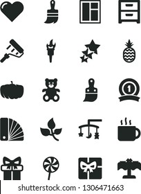 Solid Black Vector Icon Set - toys over the cradle vector, teddy bear, window, paint roller, color samples, plastic brush, wooden, heart, nightstand, lollipop, cup of tea, a pineapple, pumpkin, gift